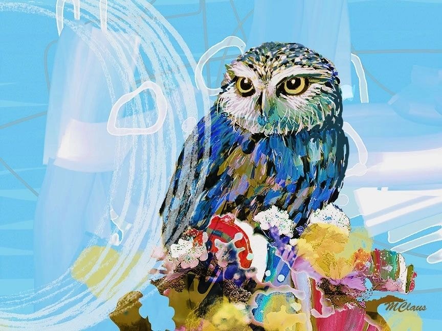 Easter Owl — mixed media painting by Marjorie Claus