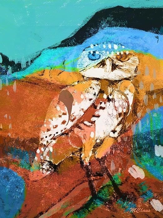 Orange Owl Blue — mixed media painting by Marjorie Claus
