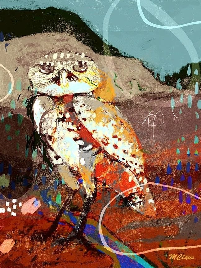 Owl at Granite Mt — mixed media painting by Marjorie Claus