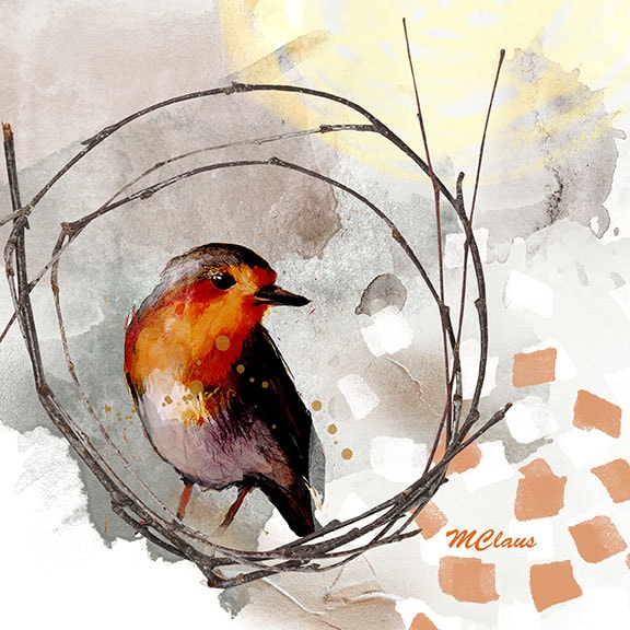 Robin with Twig Wreath — mixed media painting by Marjorie Claus
