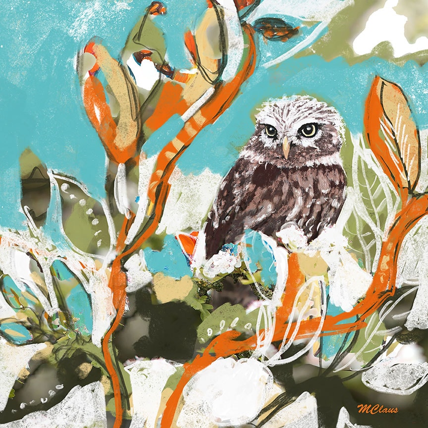 Spring Snow Owl — mixed media painting by Marjorie Claus